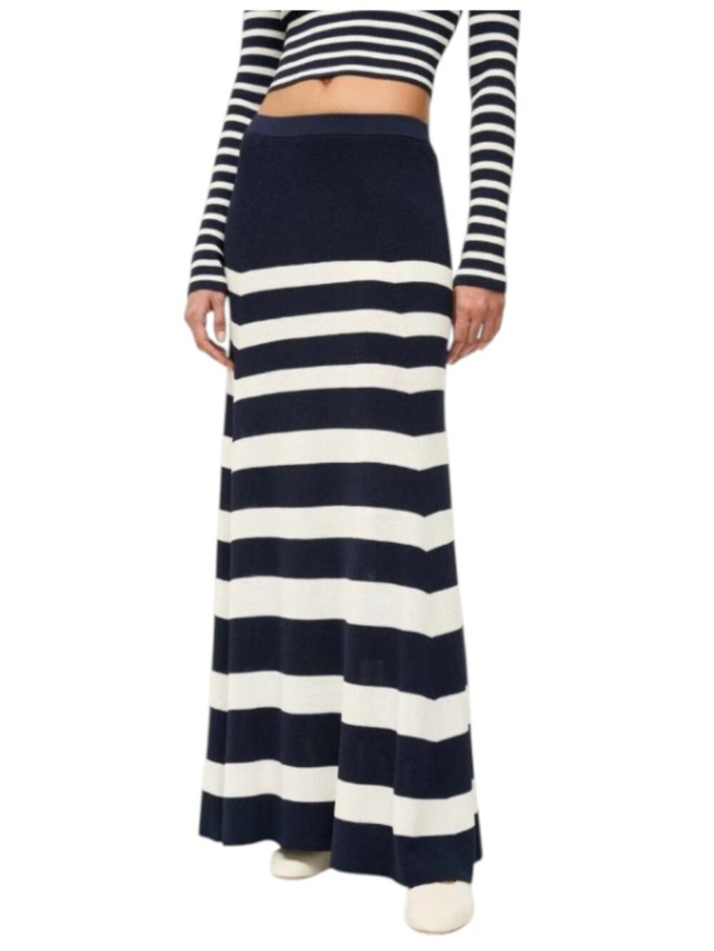NWT Staud Swirling Maxi Skirt Womens Large Navy Blue White Stripe Rib Knit NEW